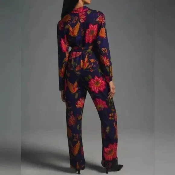 Anthropologie Farm Rio Size L Jumpsuit Tie-Waist Blue Floral Bird Motif